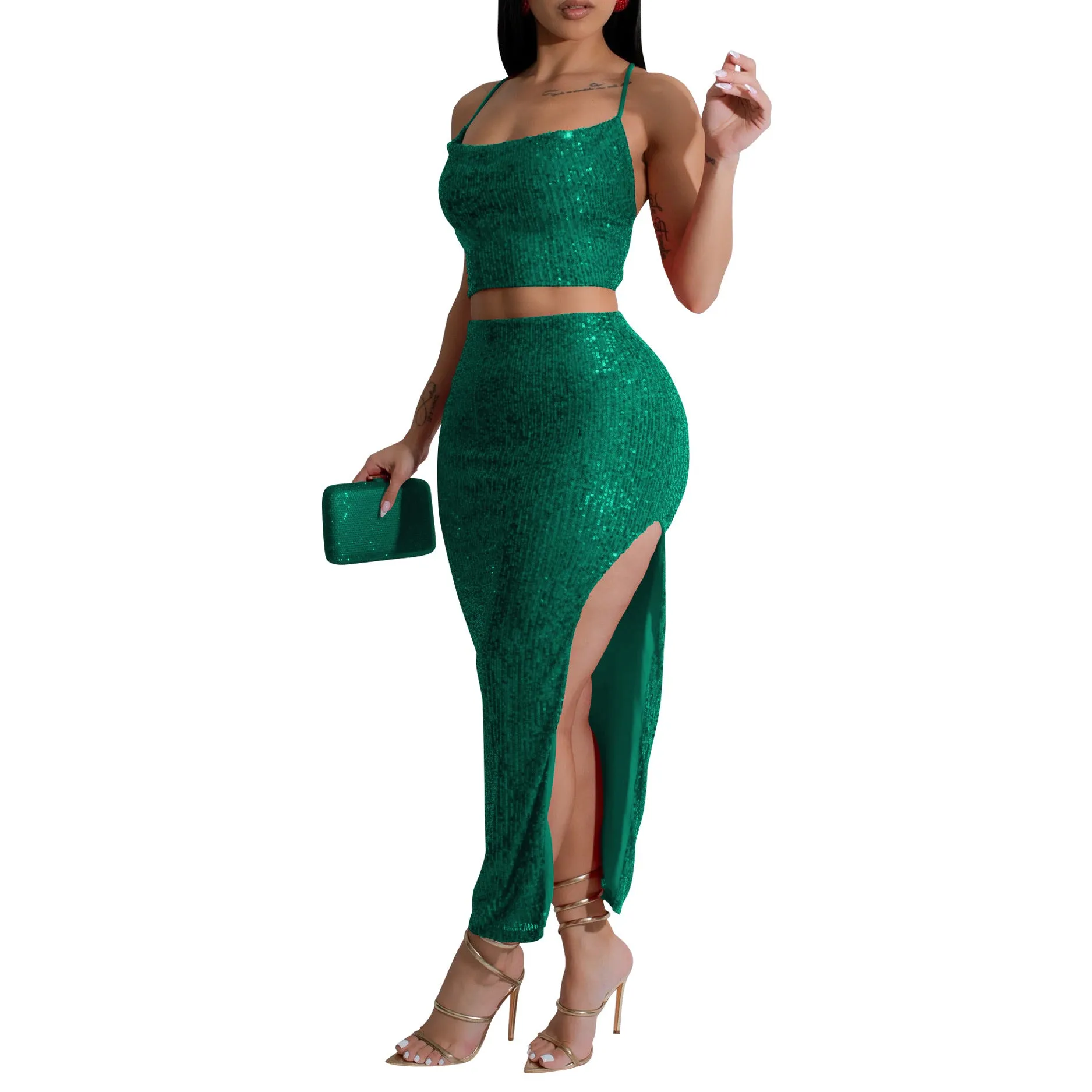 Dazzling Sequined Camisole Top and Slit Skirt Two-Piece Set