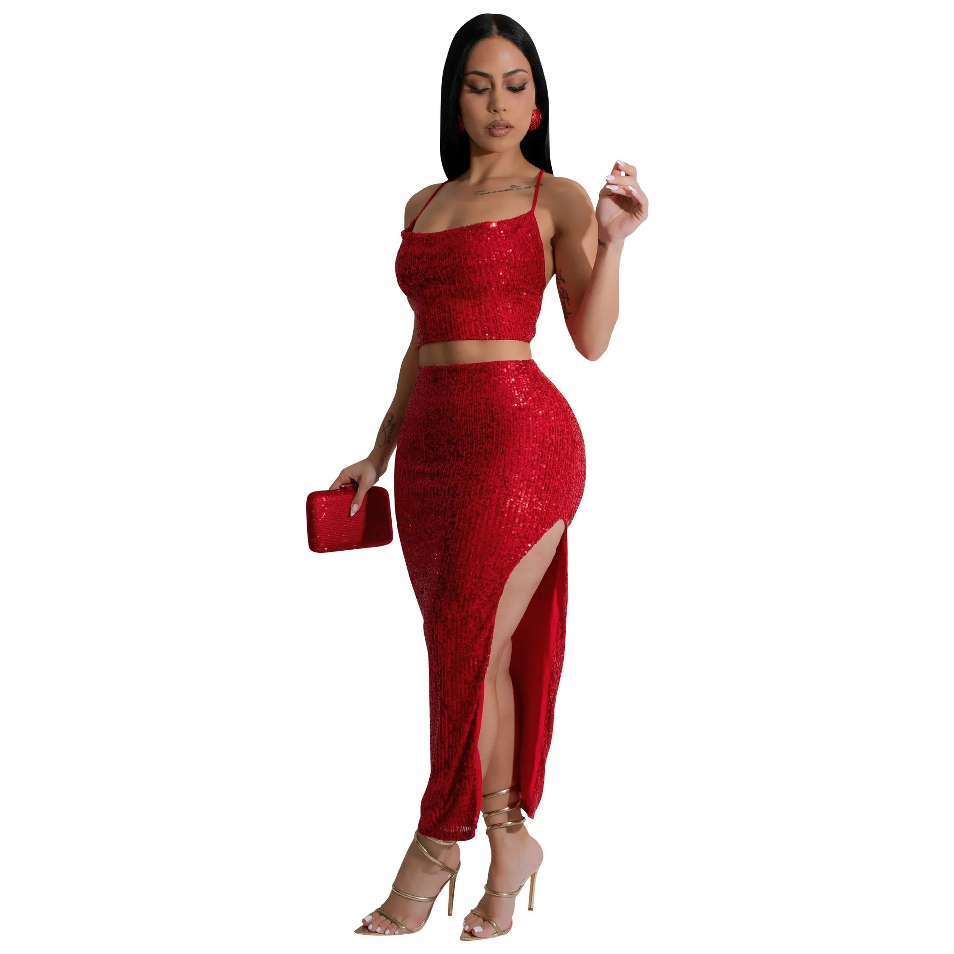 Dazzling Sequined Camisole Top and Slit Skirt Two-Piece Set