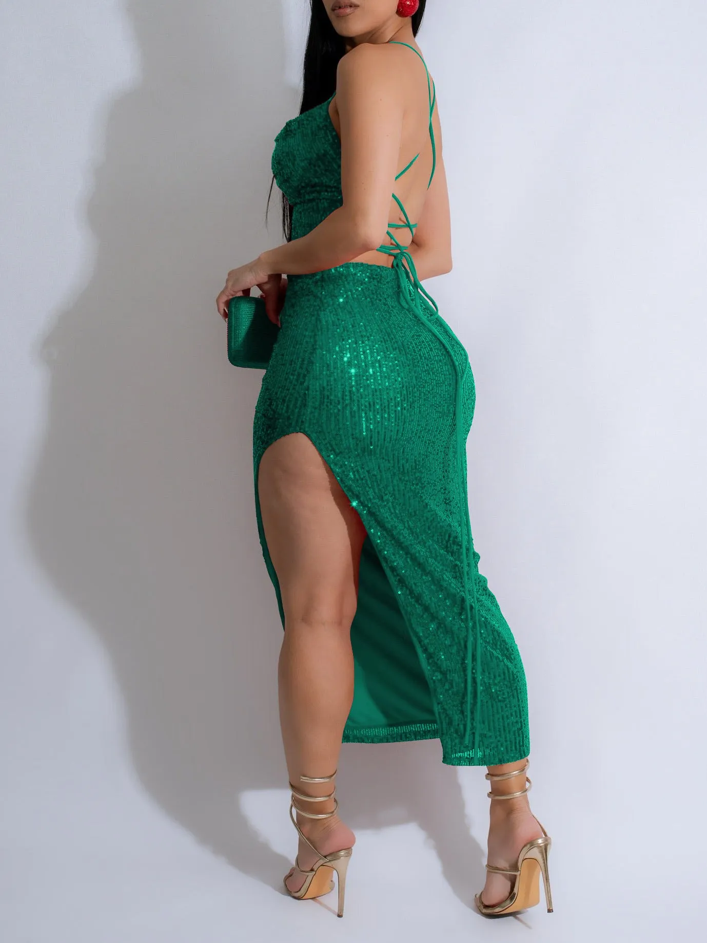 Dazzling Sequined Camisole Top and Slit Skirt Two-Piece Set