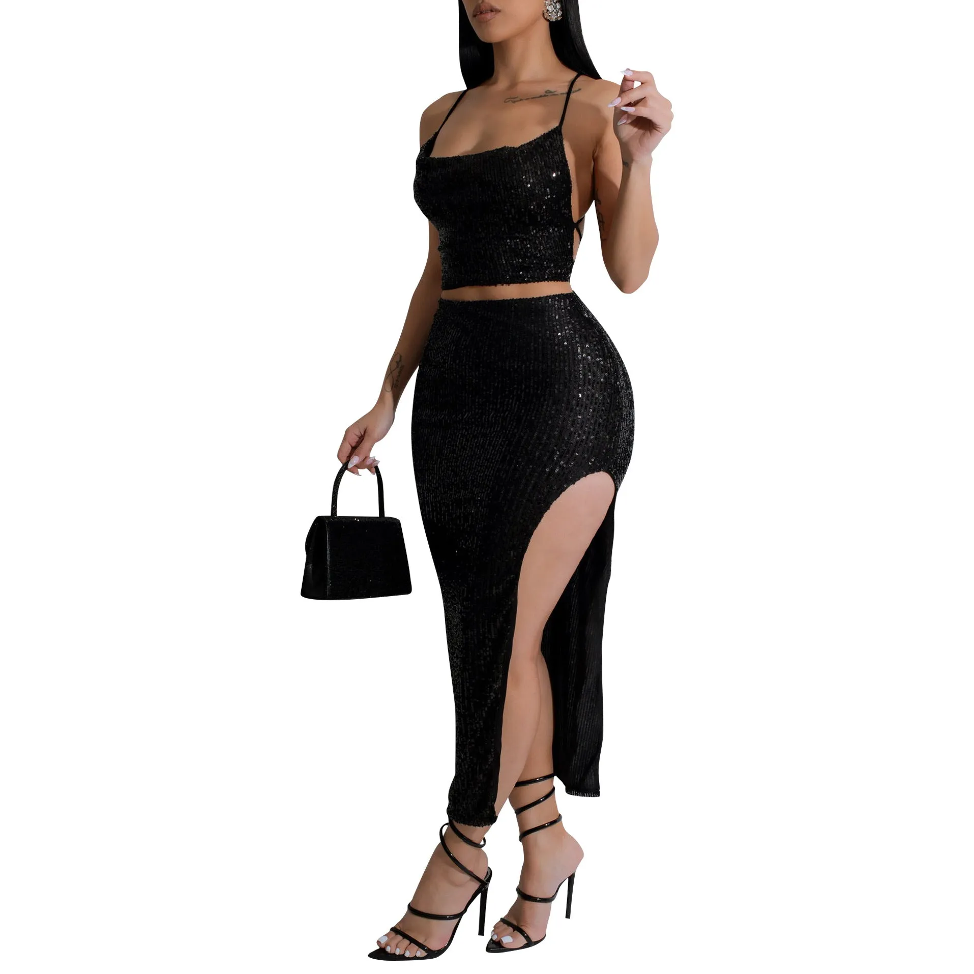 Dazzling Sequined Camisole Top and Slit Skirt Two-Piece Set