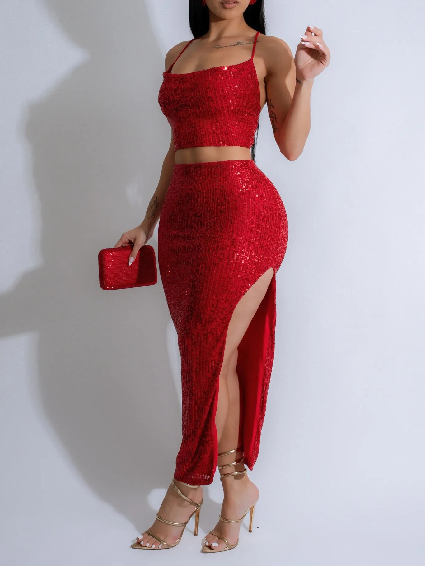 Dazzling Sequined Camisole Top and Slit Skirt Two-Piece Set