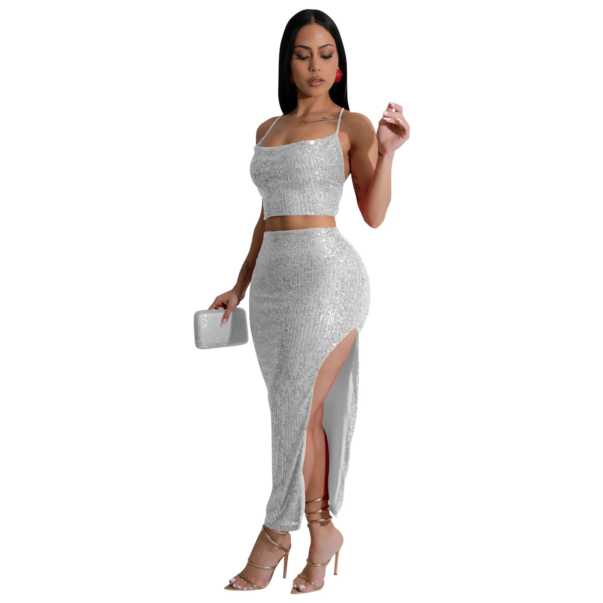 Dazzling Sequined Camisole Top and Slit Skirt Two-Piece Set