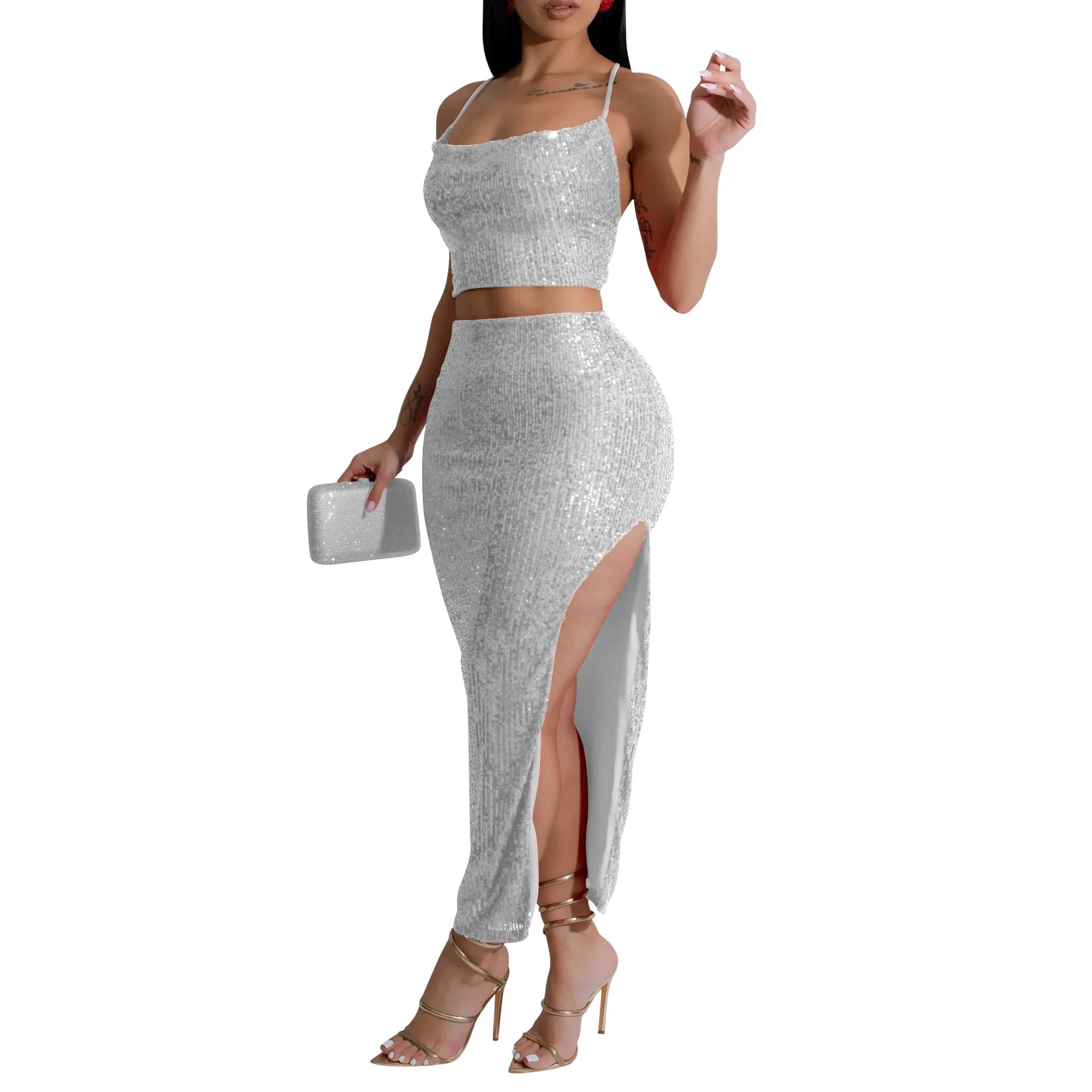 Dazzling Sequined Camisole Top and Slit Skirt Two-Piece Set