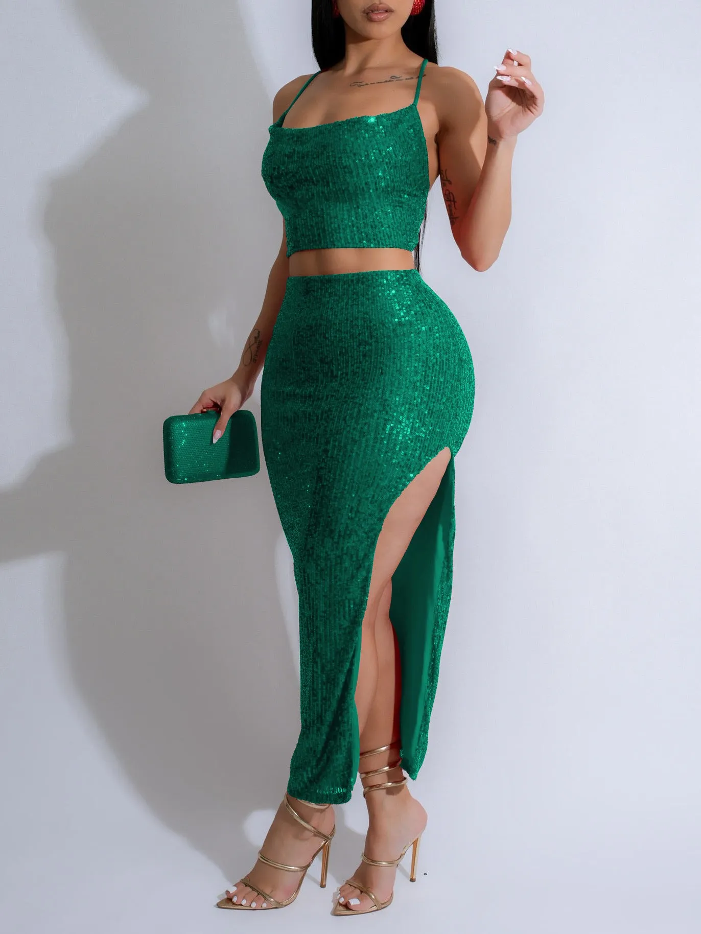Dazzling Sequined Camisole Top and Slit Skirt Two-Piece Set