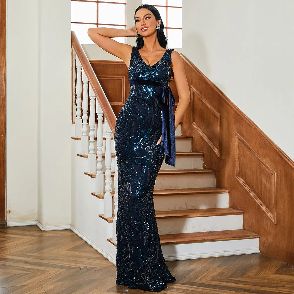 Dazzling Sleeveless V-Neck Sequin Fishtail Evening Gown for Unforgettable Elegance