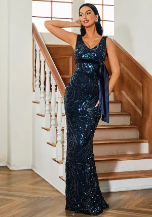 Dazzling Sleeveless V-Neck Sequin Fishtail Evening Gown for Unforgettable Elegance