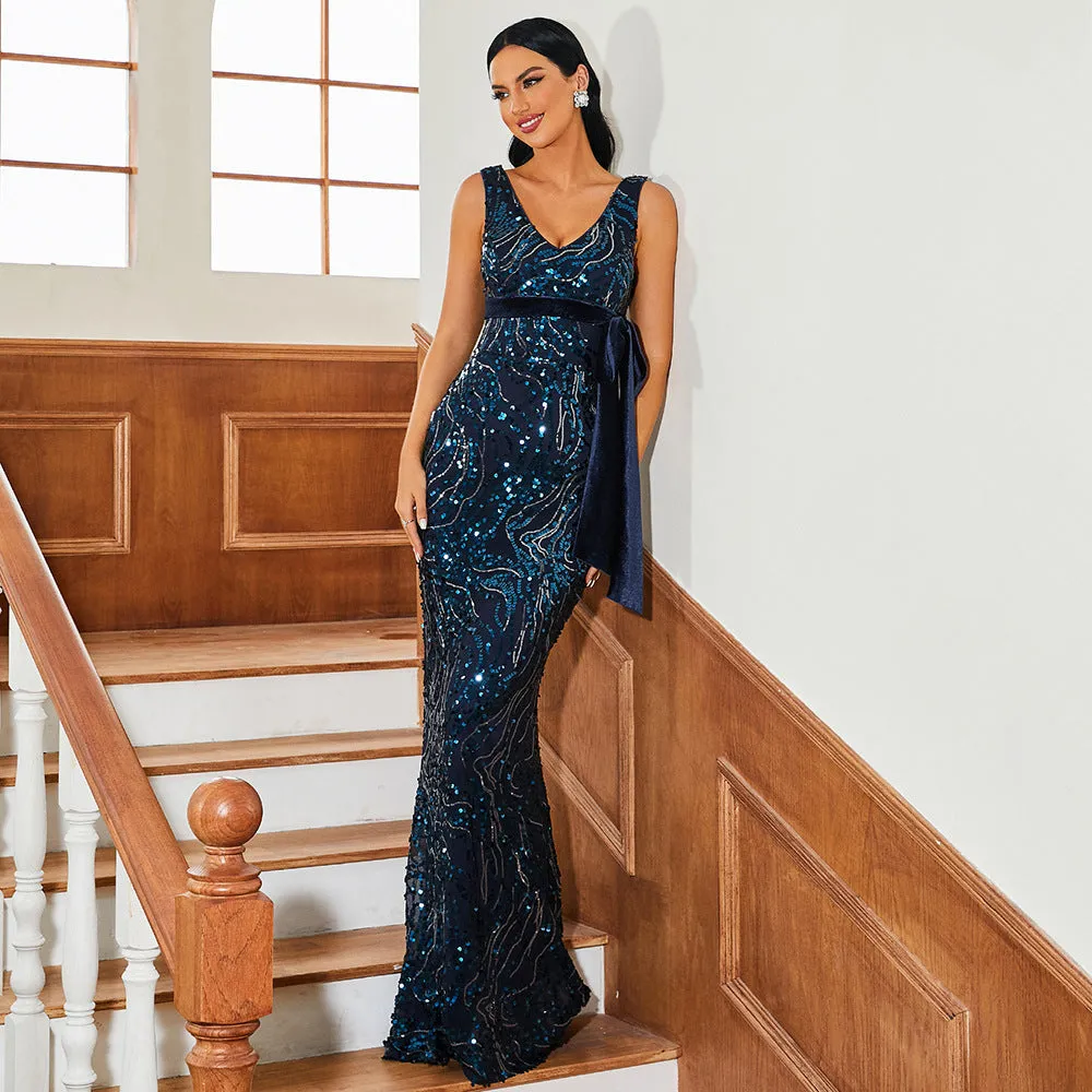 Dazzling Sleeveless V-Neck Sequin Fishtail Evening Gown for Unforgettable Elegance