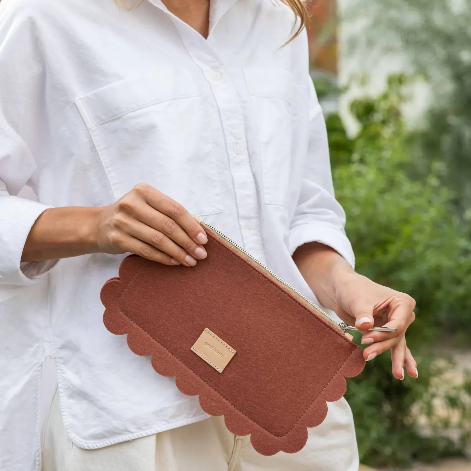 Deco Edge Merino Wool Clutch · Terracotta Vachetta