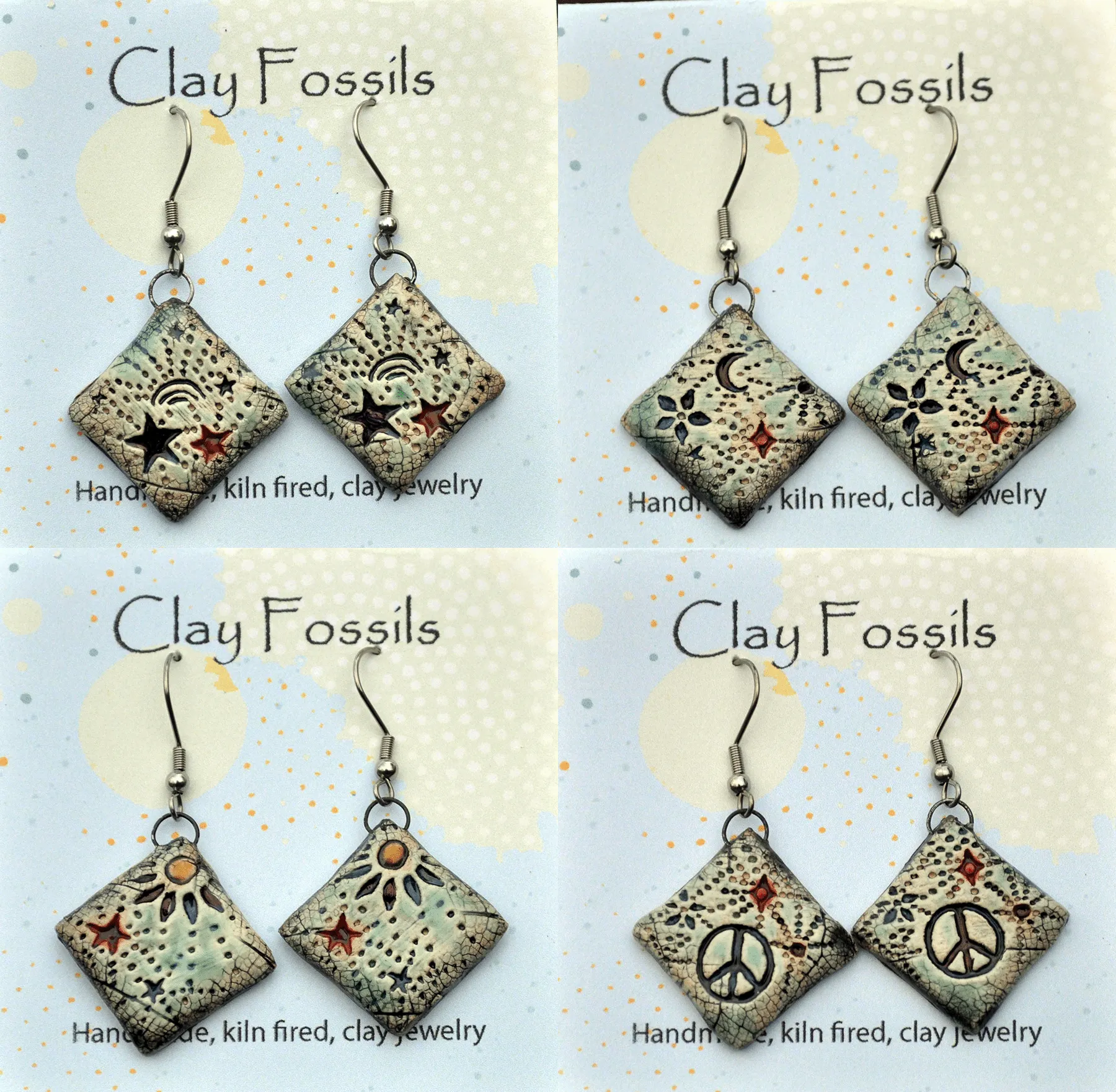 Earrings, Moon and Stars, fired ceramic clay, USA handmade