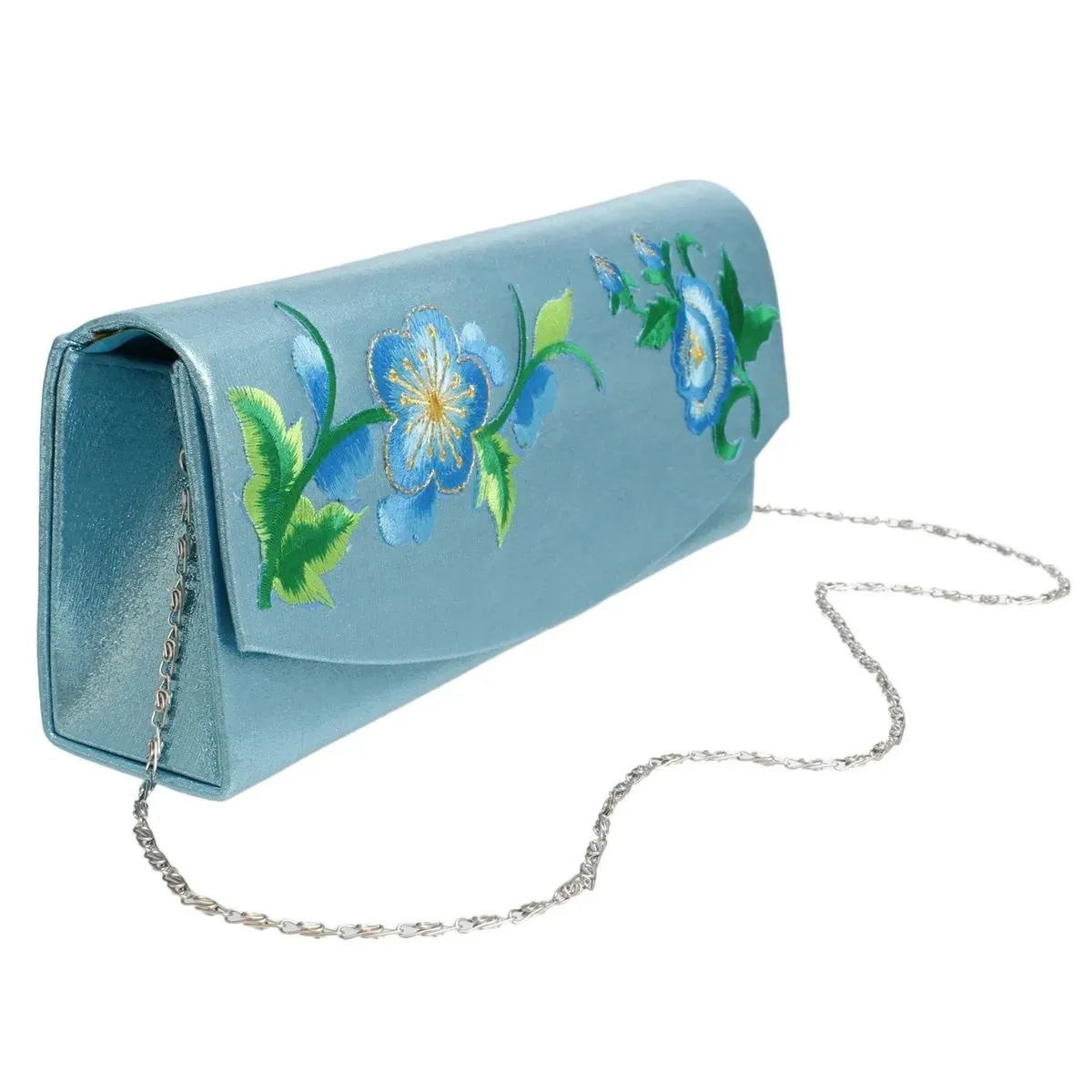 Elegant Aqua Blue Metallic Floral Embroidered Long Evening Clutch Handbag