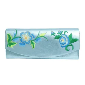 Elegant Aqua Blue Metallic Floral Embroidered Long Evening Clutch Handbag