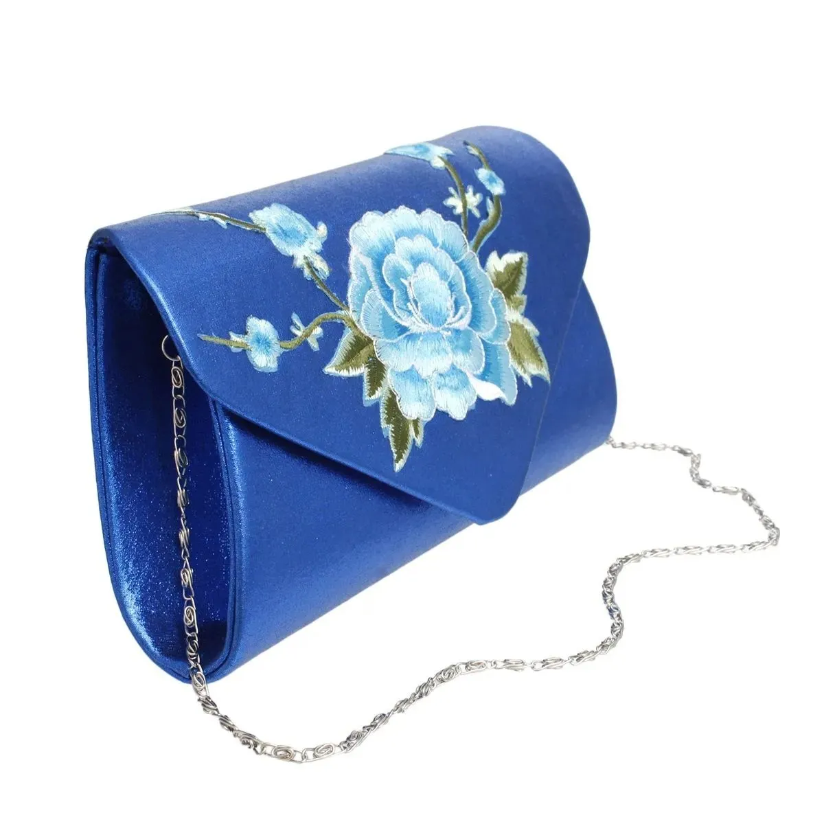 Elegant Metallic Blue Floral Embroidered Evening Clutch Handbag