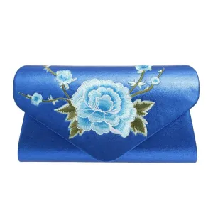 Elegant Metallic Blue Floral Embroidered Evening Clutch Handbag