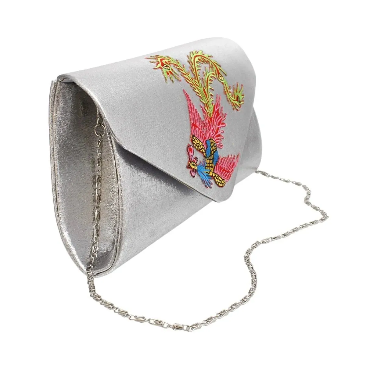 Elegant Metallic Silver Phoenix Embroidered Evening Clutch Handbag with Chain