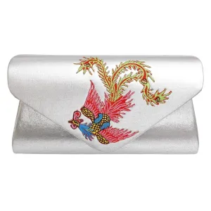 Elegant Metallic Silver Phoenix Embroidered Evening Clutch Handbag with Chain