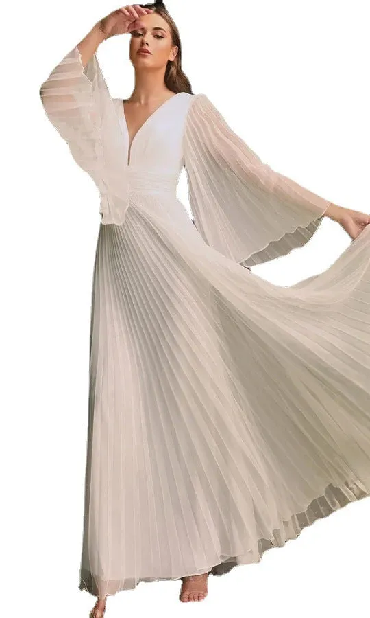 Elegant Pleated Deep-V Maxi Dress with Flowing Long Sleeves