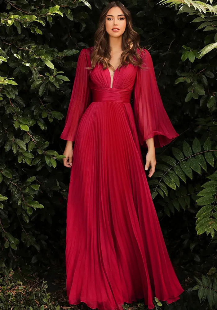 Elegant Pleated Deep-V Maxi Dress with Flowing Long Sleeves