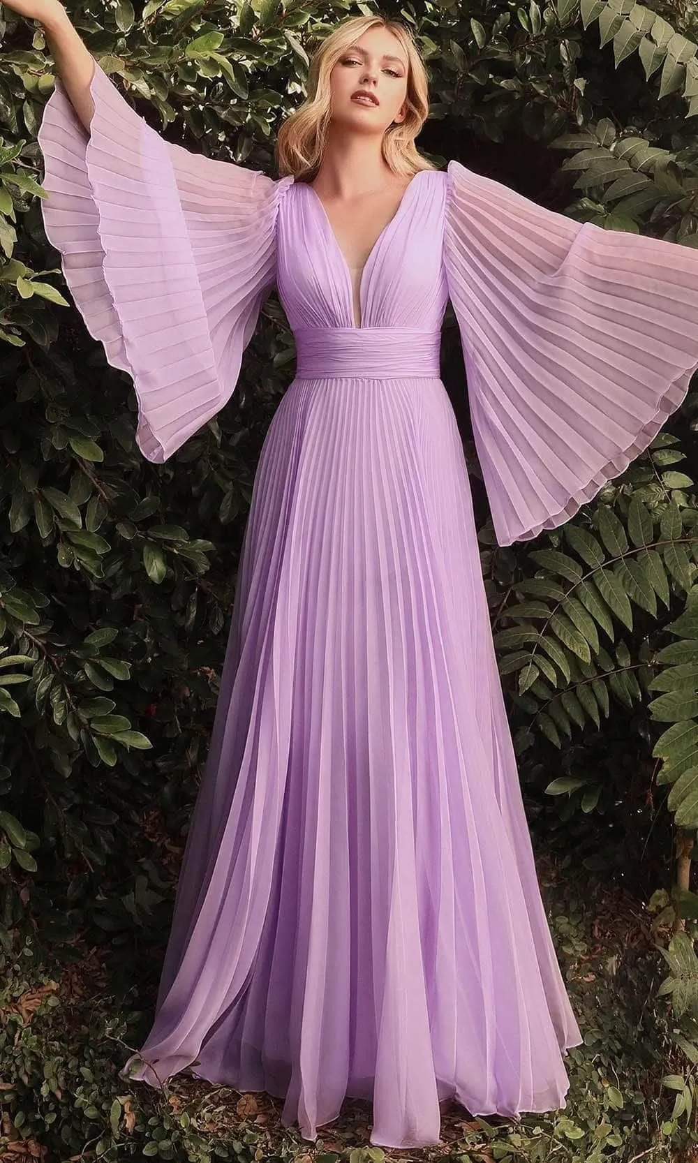 Elegant Pleated Deep-V Maxi Dress with Flowing Long Sleeves