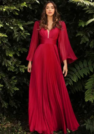 Elegant Pleated Deep-V Maxi Dress with Flowing Long Sleeves