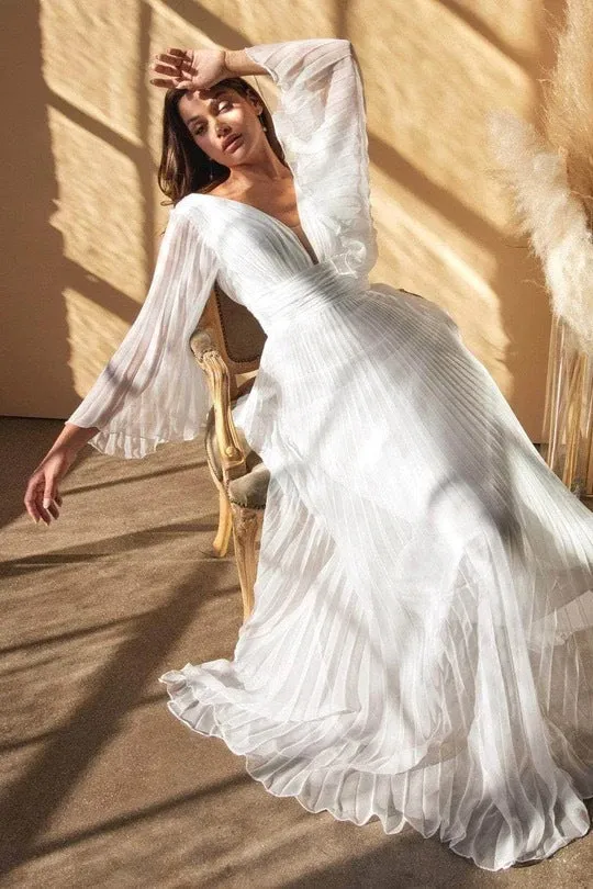 Elegant Pleated Deep-V Maxi Dress with Flowing Long Sleeves