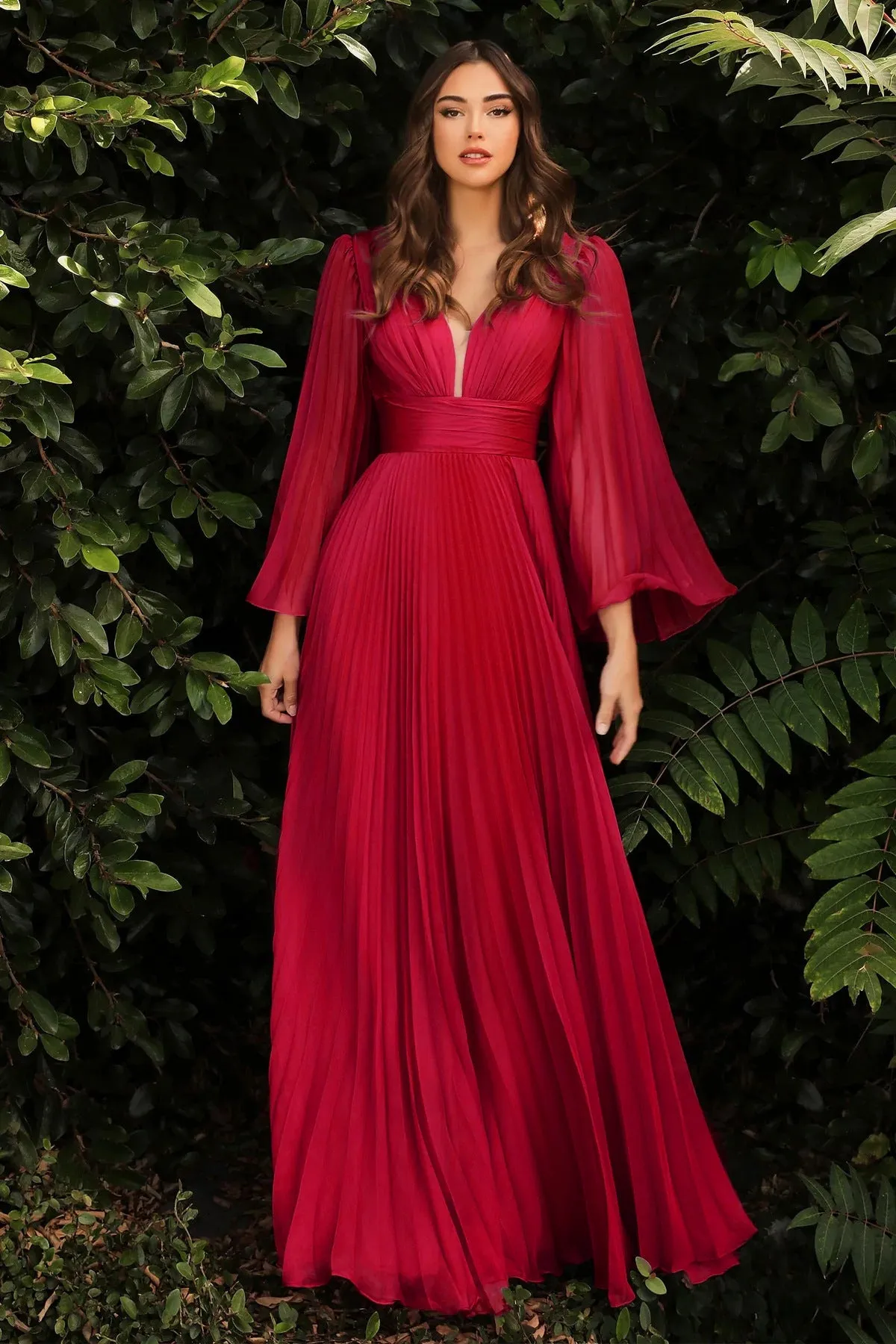 Elegant Pleated Deep-V Maxi Dress with Flowing Long Sleeves