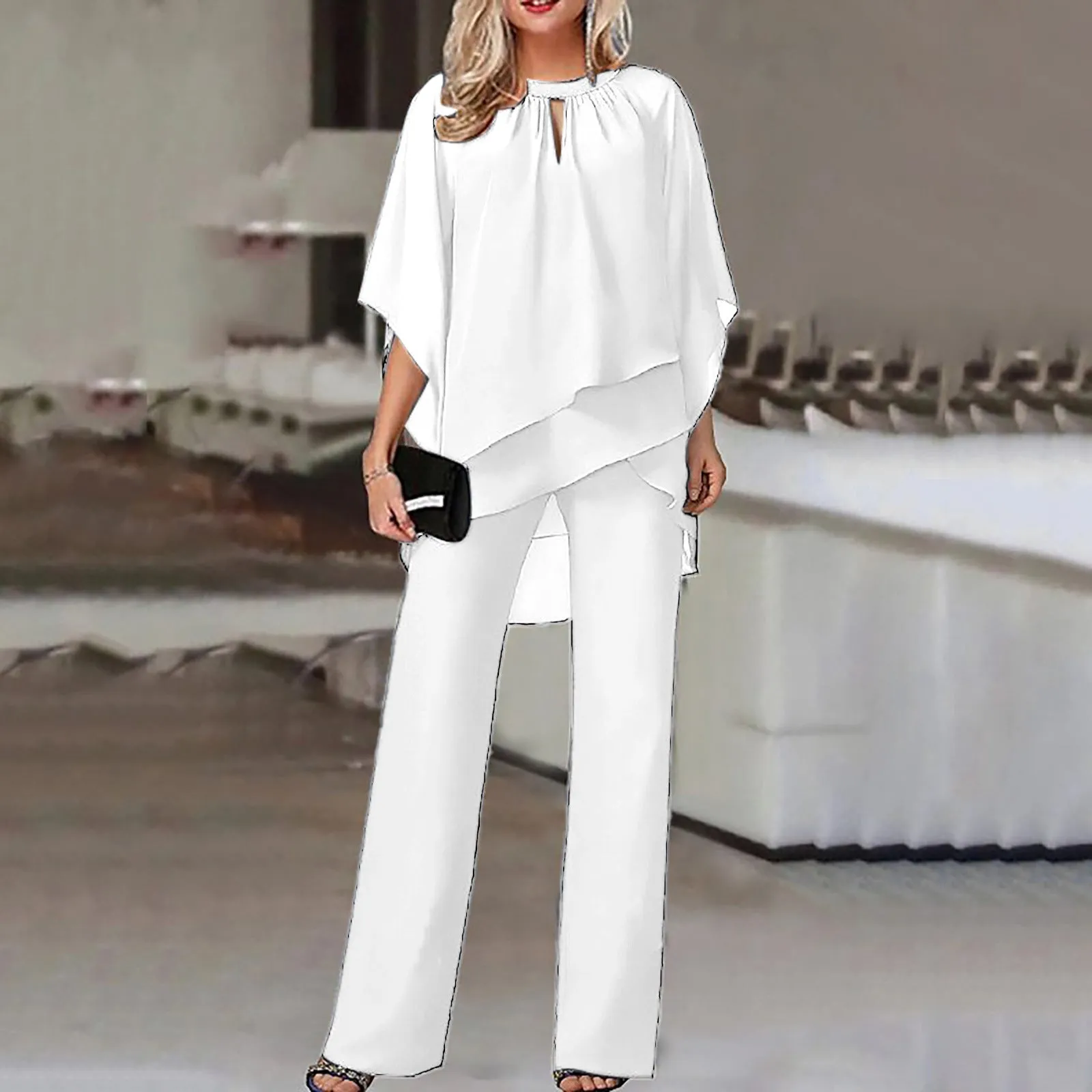 Elegant Solid Color Loose-Fit Two-Piece Pants Set with Irregular Hem