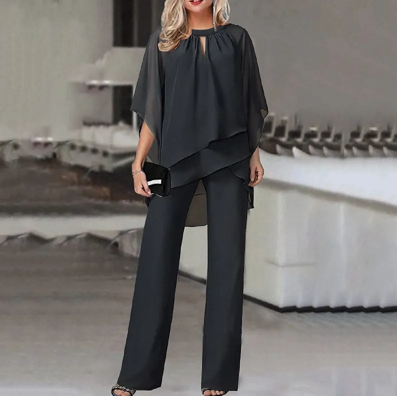 Elegant Solid Color Loose-Fit Two-Piece Pants Set with Irregular Hem