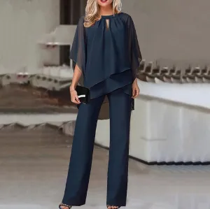 Elegant Solid Color Loose-Fit Two-Piece Pants Set with Irregular Hem