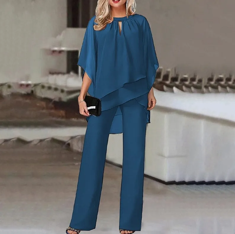 Elegant Solid Color Loose-Fit Two-Piece Pants Set with Irregular Hem