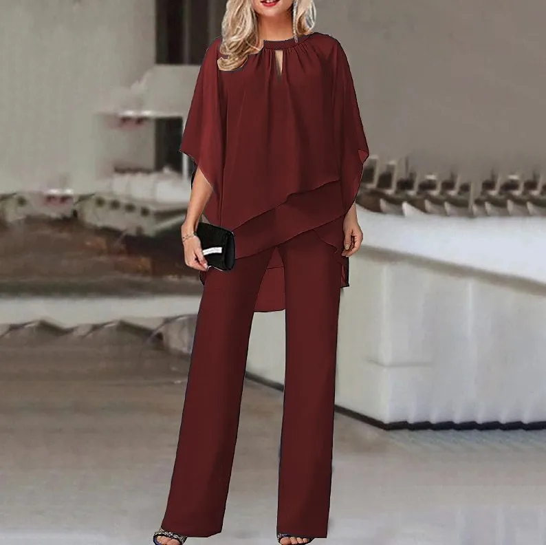Elegant Solid Color Loose-Fit Two-Piece Pants Set with Irregular Hem