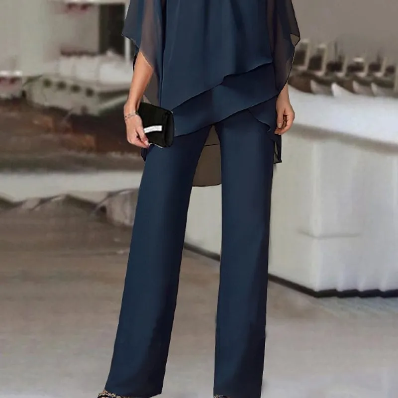 Elegant Solid Color Loose-Fit Two-Piece Pants Set with Irregular Hem