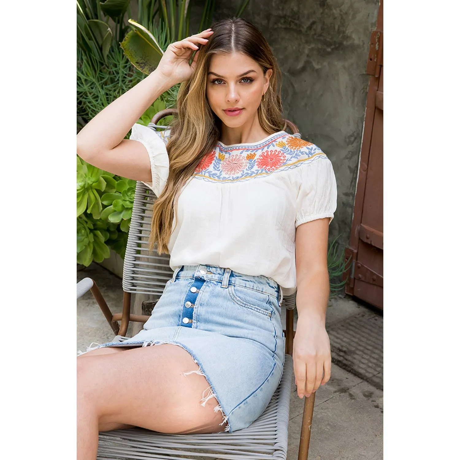 Embroidered Short Sleeve Top