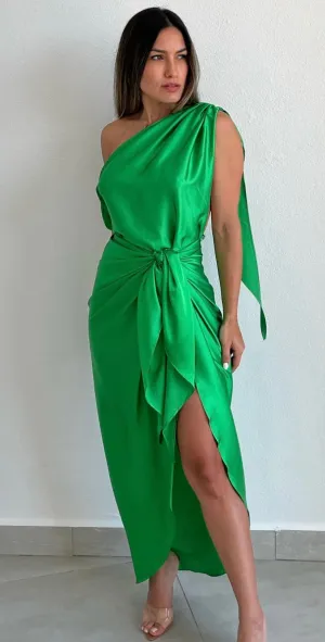 Flirting with Grace Green Satin Midi Dress