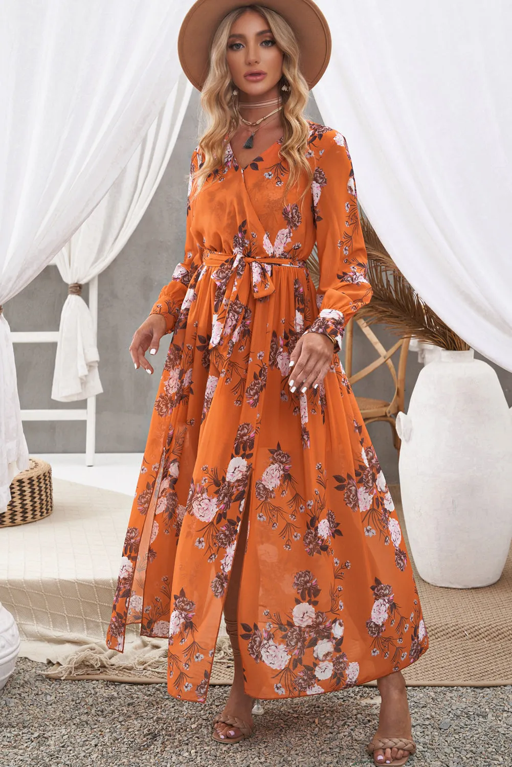 Floral Tie Waist Slit Maxi Dress- Online Exclusive