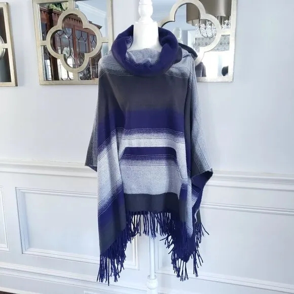 Free People Boho Desert Dream Cowl Neck Fringe Poncho Serape Purple Blue Gray OS