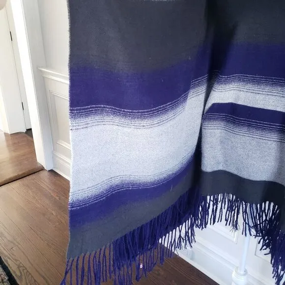 Free People Boho Desert Dream Cowl Neck Fringe Poncho Serape Purple Blue Gray OS