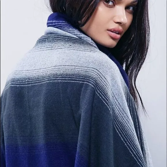 Free People Boho Desert Dream Cowl Neck Fringe Poncho Serape Purple Blue Gray OS