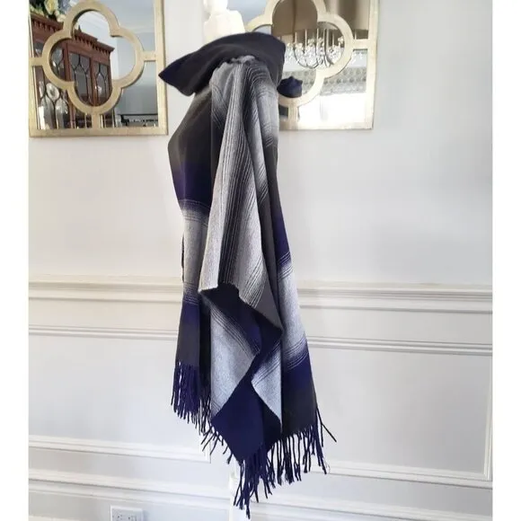 Free People Boho Desert Dream Cowl Neck Fringe Poncho Serape Purple Blue Gray OS