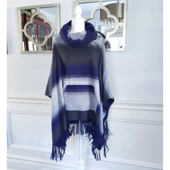 Free People Boho Desert Dream Cowl Neck Fringe Poncho Serape Purple Blue Gray OS