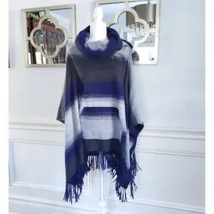 Free People Boho Desert Dream Cowl Neck Fringe Poncho Serape Purple Blue Gray OS