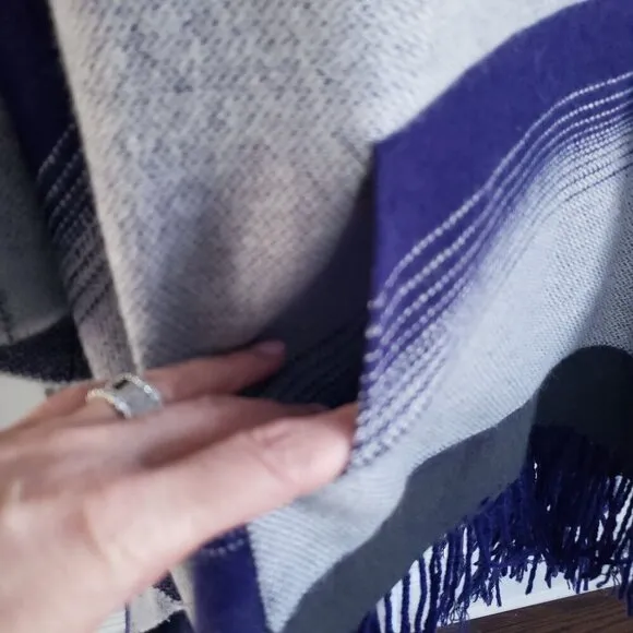Free People Boho Desert Dream Cowl Neck Fringe Poncho Serape Purple Blue Gray OS