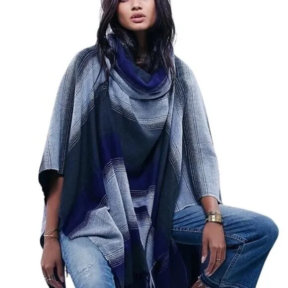 Free People Boho Desert Dream Cowl Neck Fringe Poncho Serape Purple Blue Gray OS