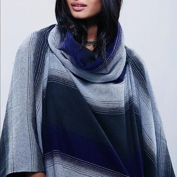 Free People Boho Desert Dream Cowl Neck Fringe Poncho Serape Purple Blue Gray OS