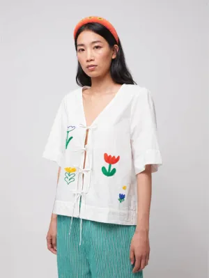 Garden Embroidery Tie Blouse | White