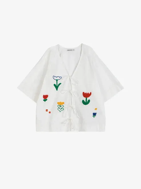 Garden Embroidery Tie Blouse | White