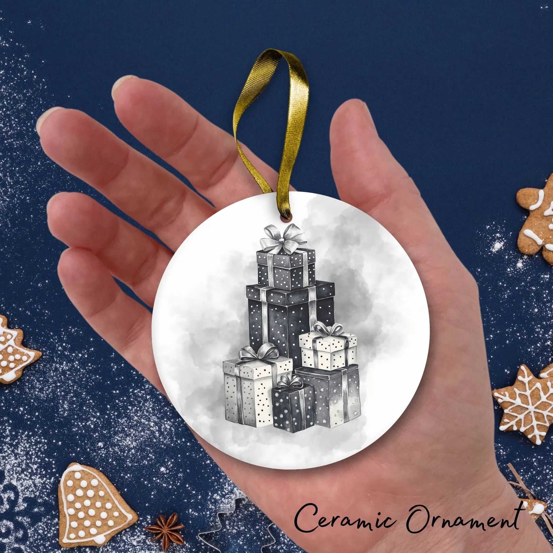 Gothic Christmas Decor Monochrome Black and White Ceramic Ornament 65-06