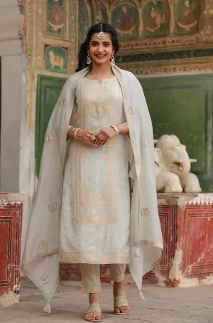 Grey Russian Silk Slub Jacquard Suit Set