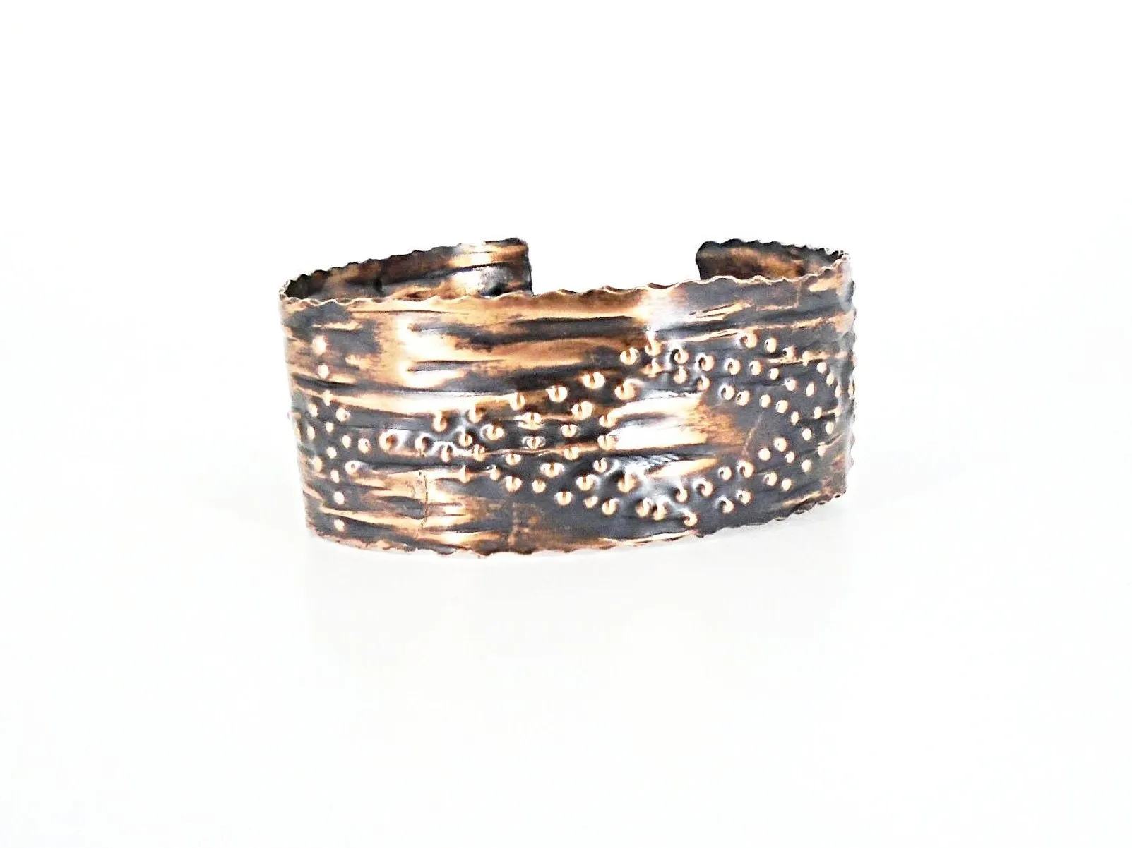 Handmade Adjustable Copper Cuff Bracelet with Stamped Design & Vintage Tarnish