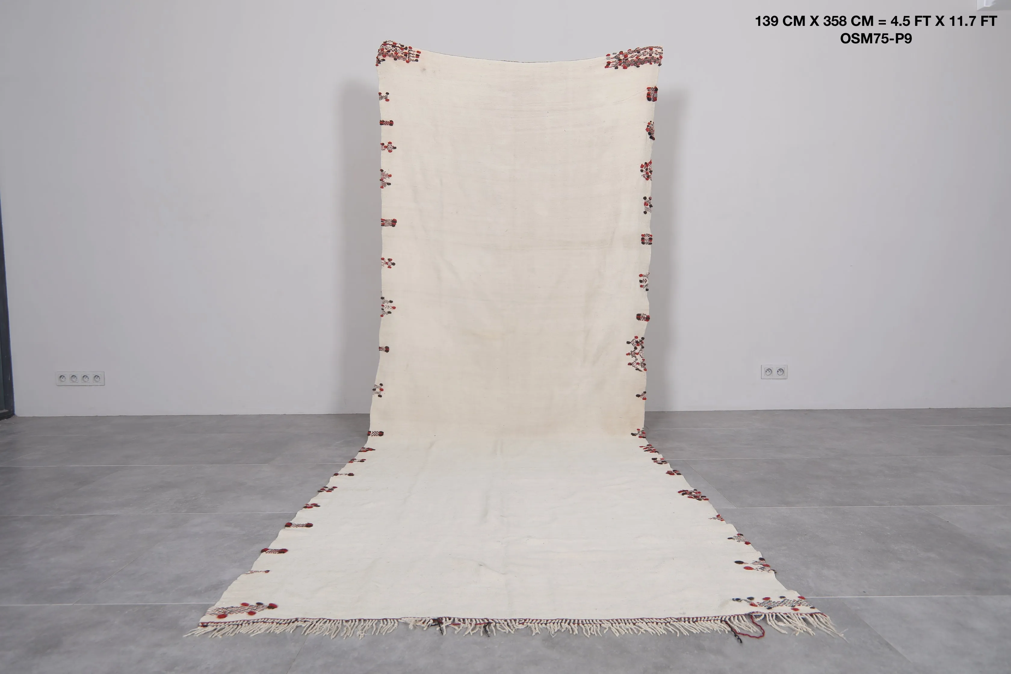 Handwoven Kilim 4.5 FT X 11.7 FT – Moroccan Runner Rug with Subtle Embroidery