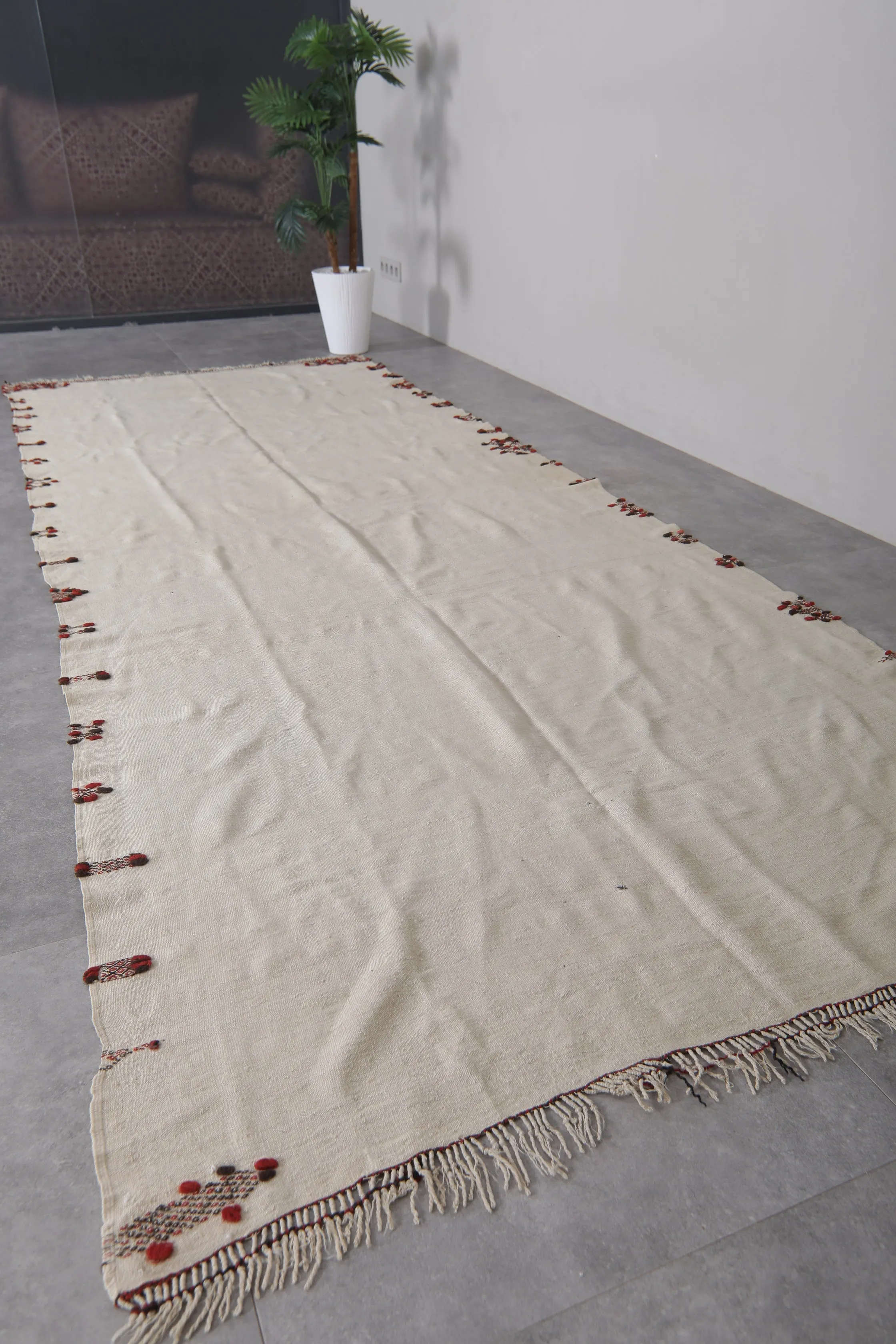 Handwoven Kilim 4.5 FT X 11.7 FT – Moroccan Runner Rug with Subtle Embroidery